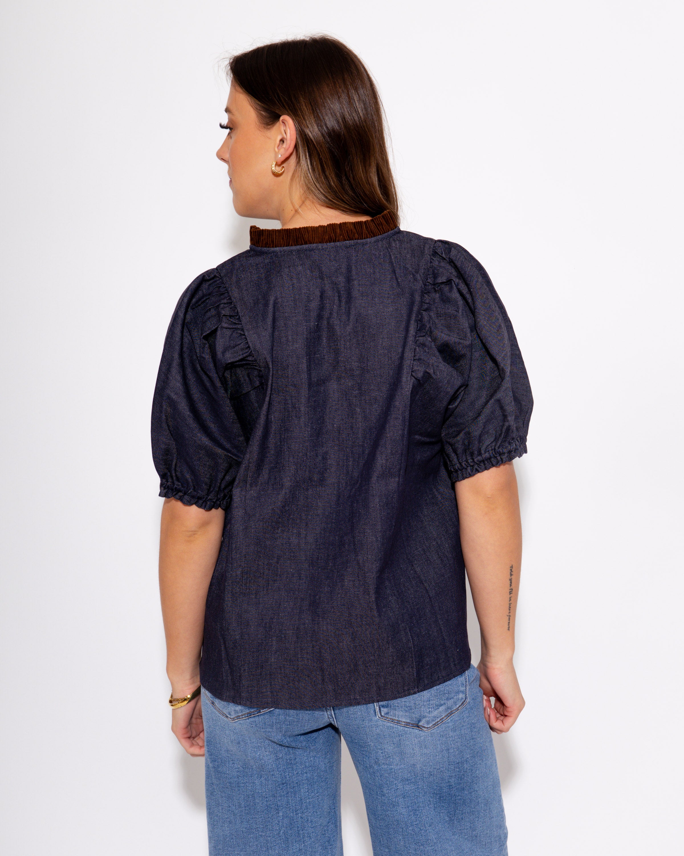 Split Neck Suede Ruffle Denim Top