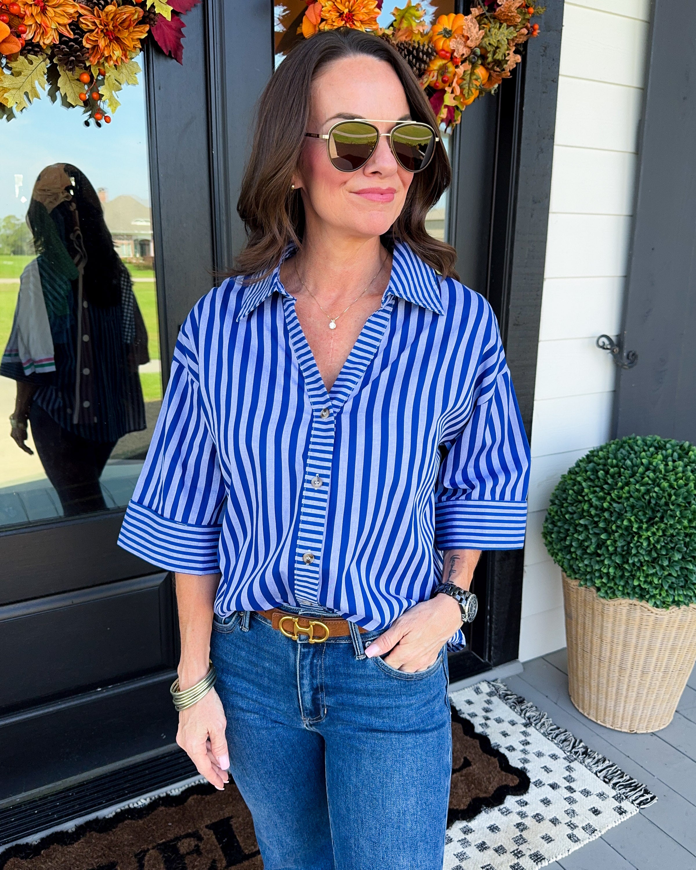 Striped Button Up Collar Top