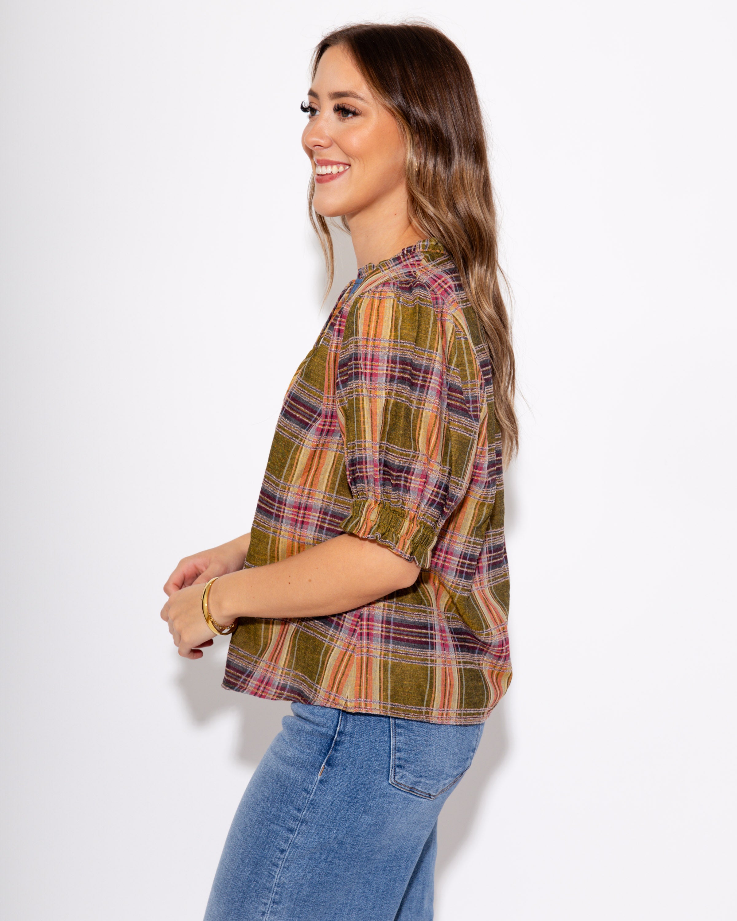 Color Pop Plaid Puff Sleeve Top