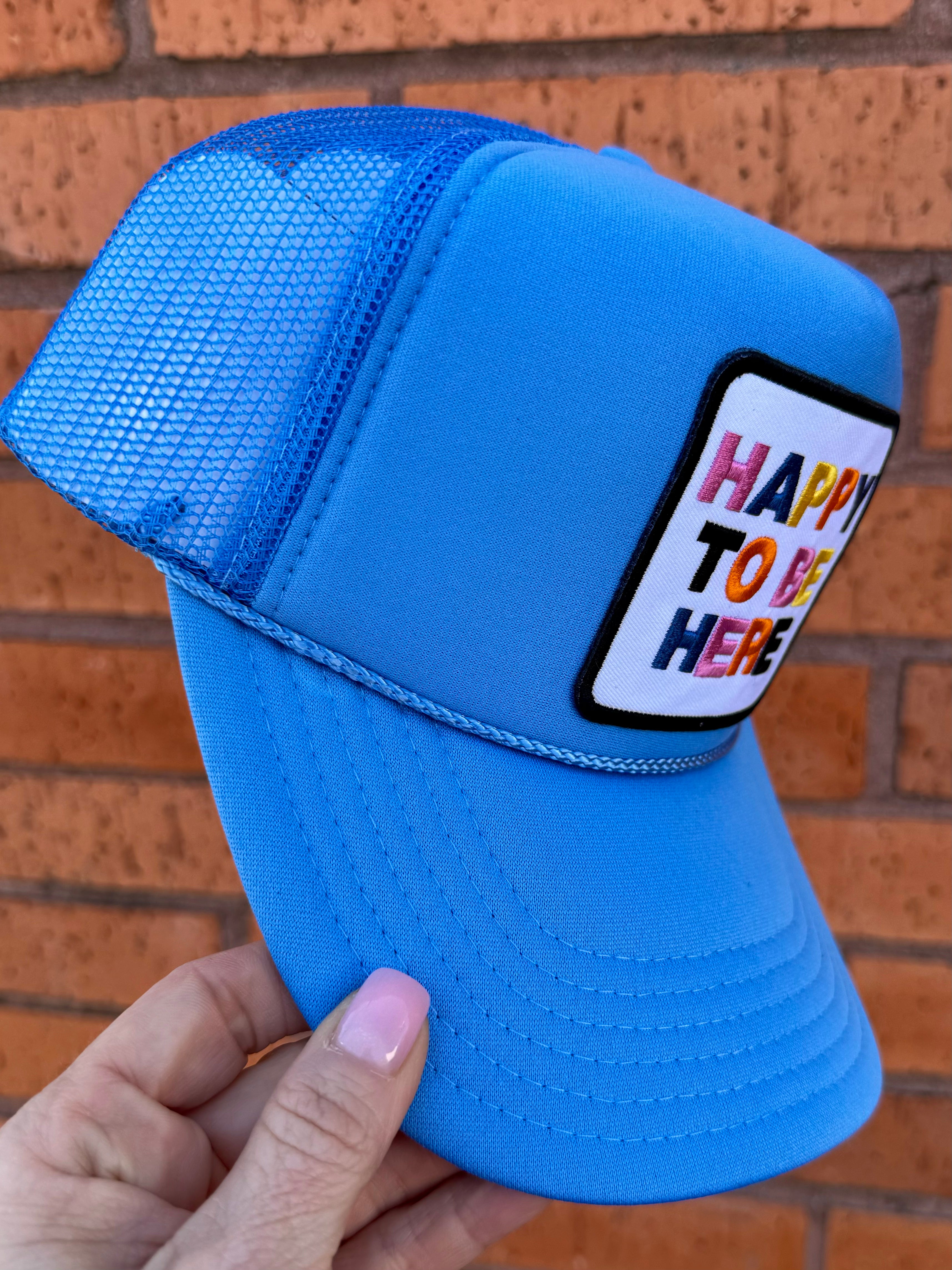Happy To Be Here Trucker Hat In Blue