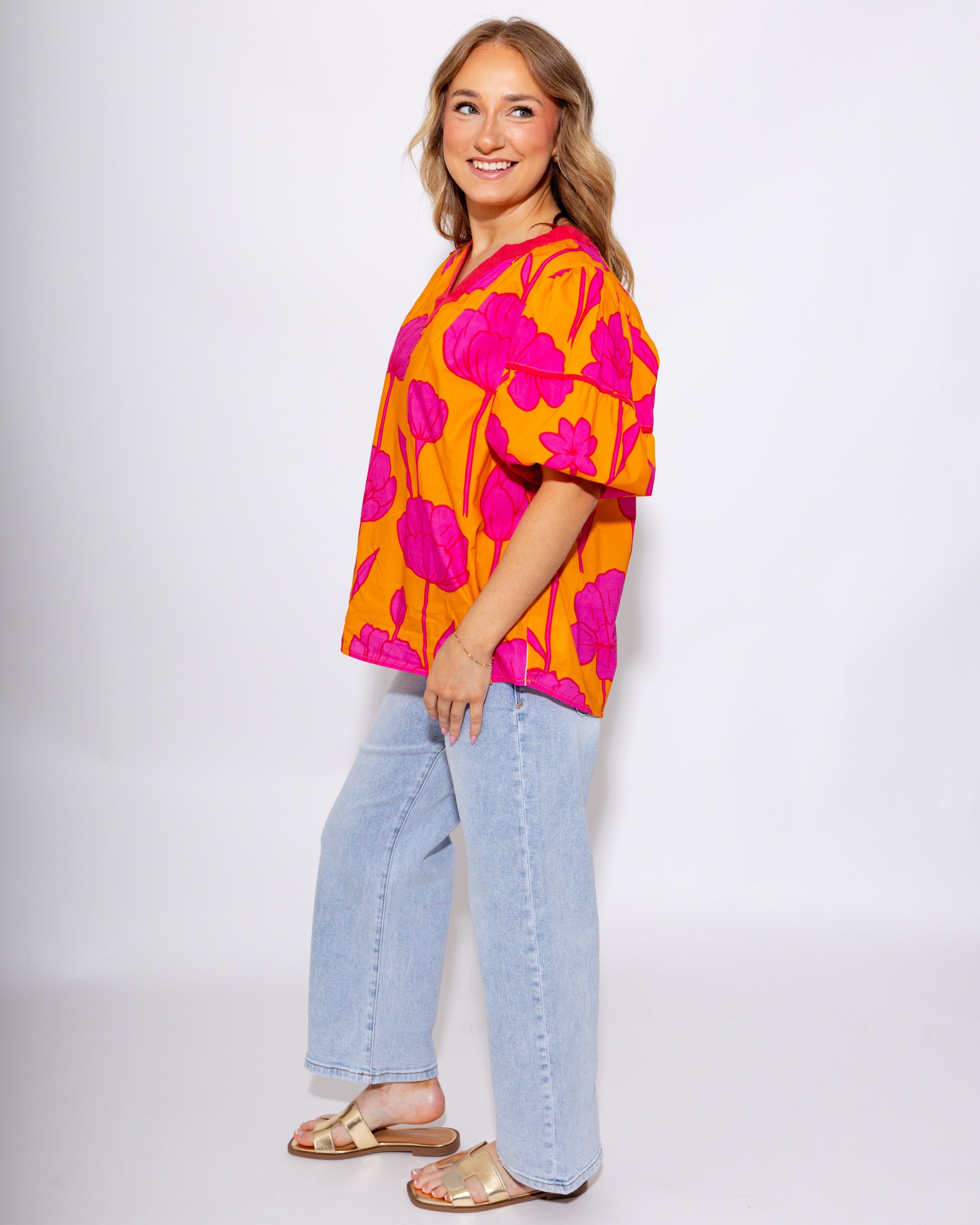 Tangerine V-Neck Puff Sleeve Top - Umgee - Gaudie & Co. Southeast Texas Boutique
