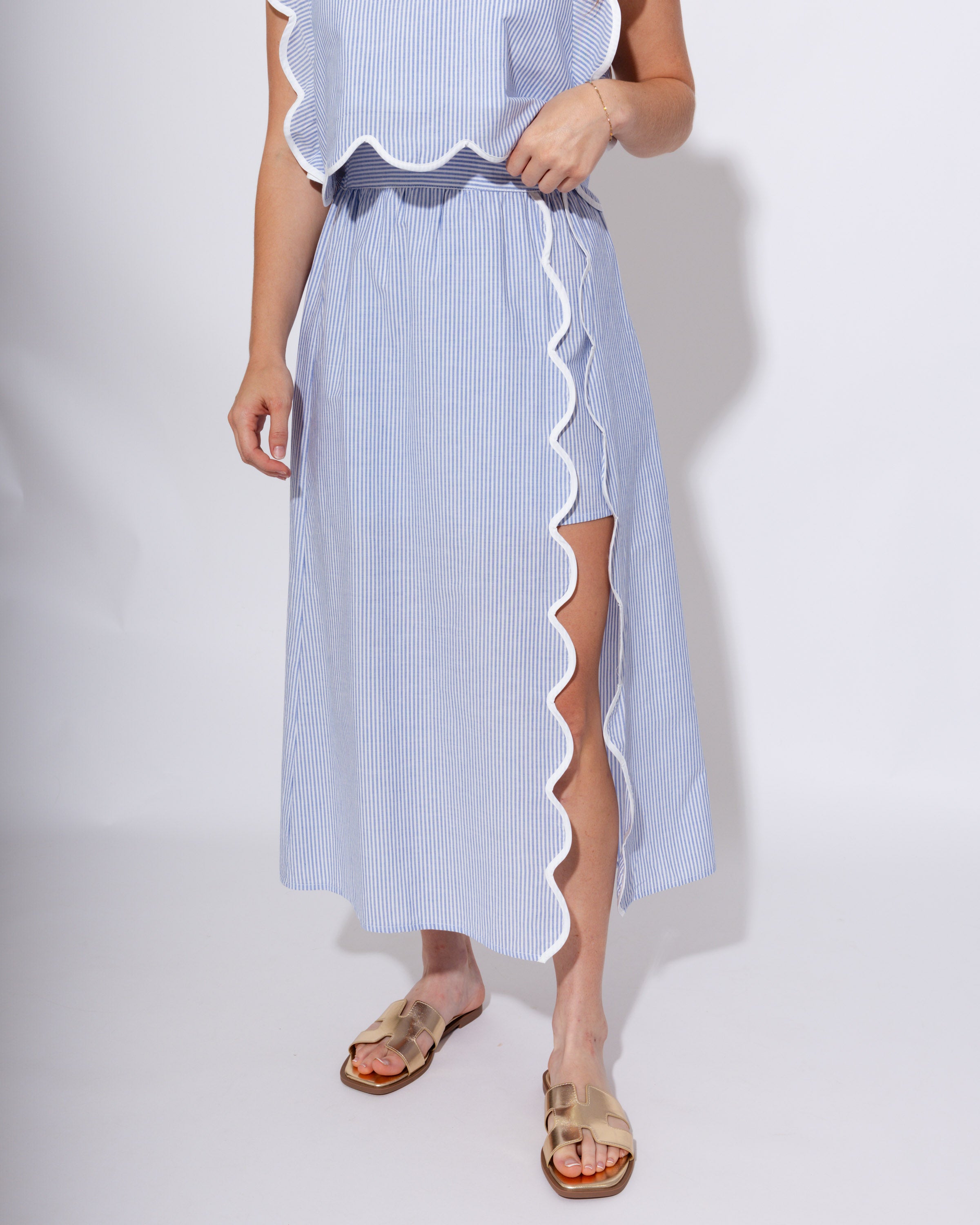 Pinstripe Scallop Trim Top & Skirt Set
