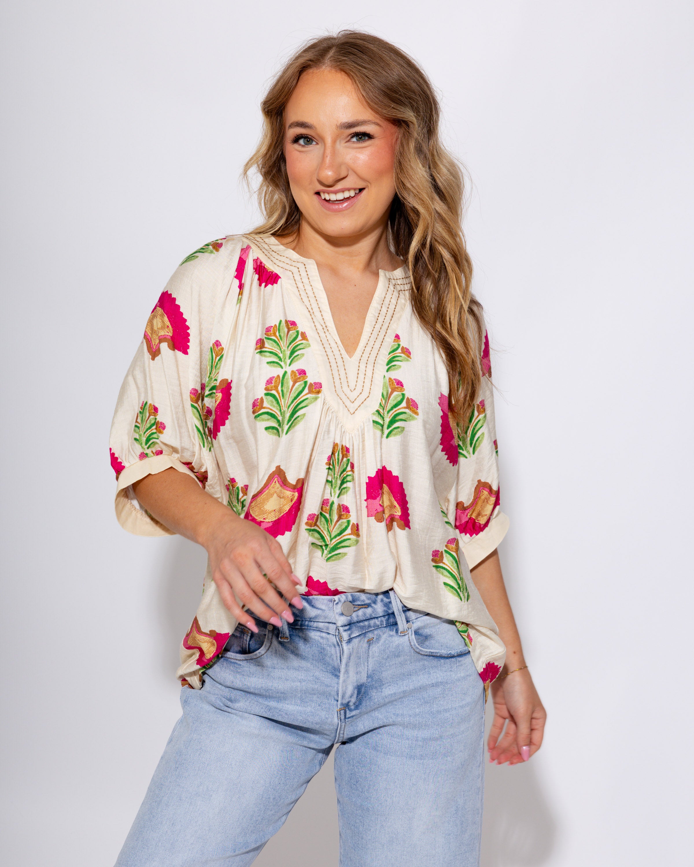 Pink Floral V-Neck Short Sleeve Top - Umgee - Gaudie & Co. Texas Boutique