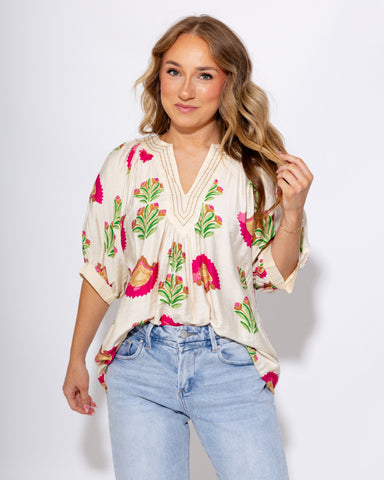 Pink Floral V-Neck Short Sleeve Top - Umgee - Gaudie & Co. Texas Boutique