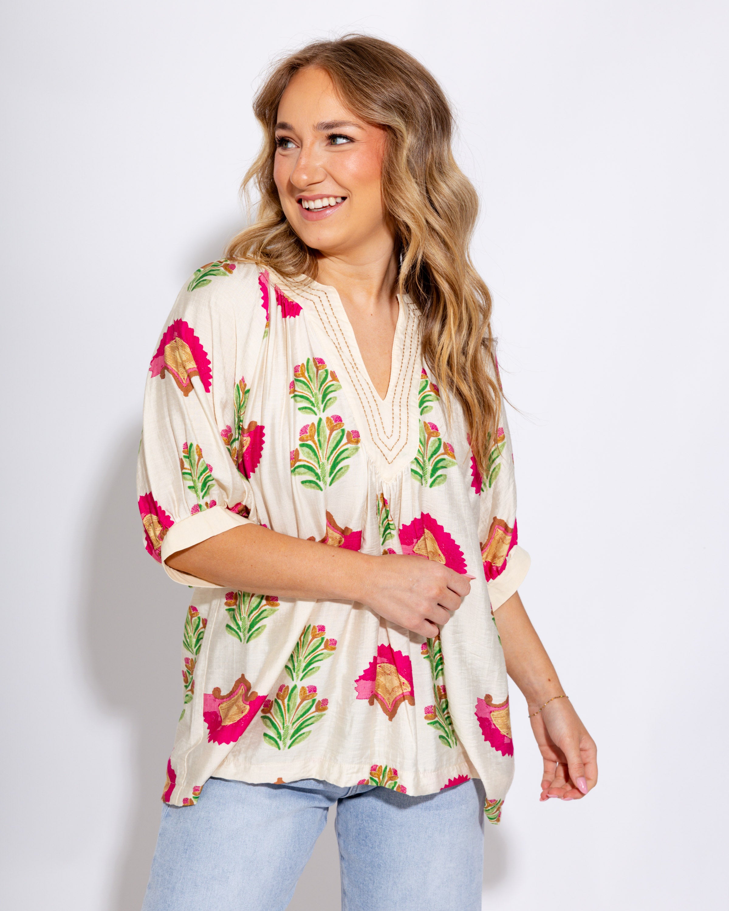 Pink Floral V-Neck Short Sleeve Top - Umgee - Gaudie & Co. Texas Boutique