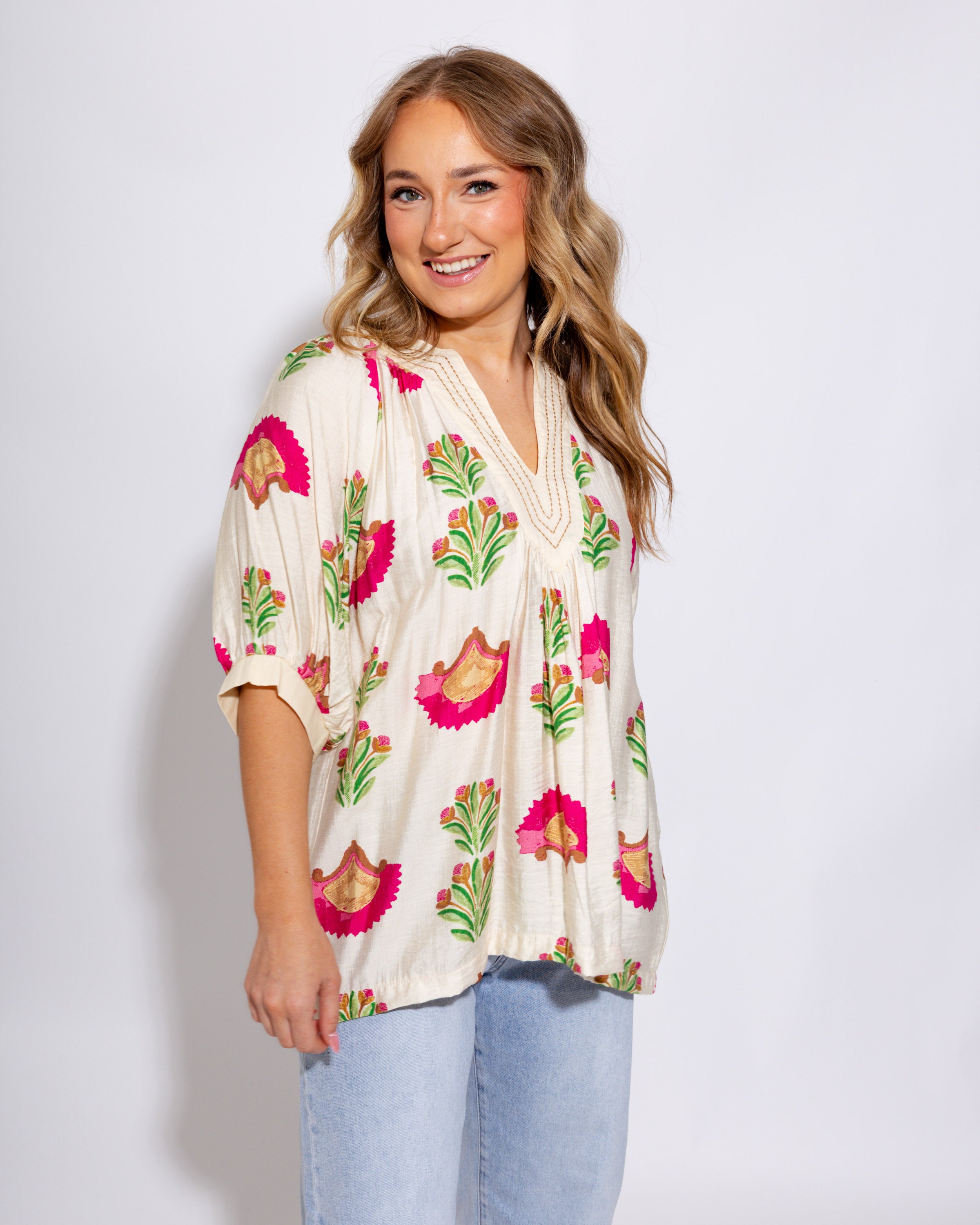 Pink Floral V-Neck Short Sleeve Top - Umgee - Gaudie & Co. Texas Boutique
