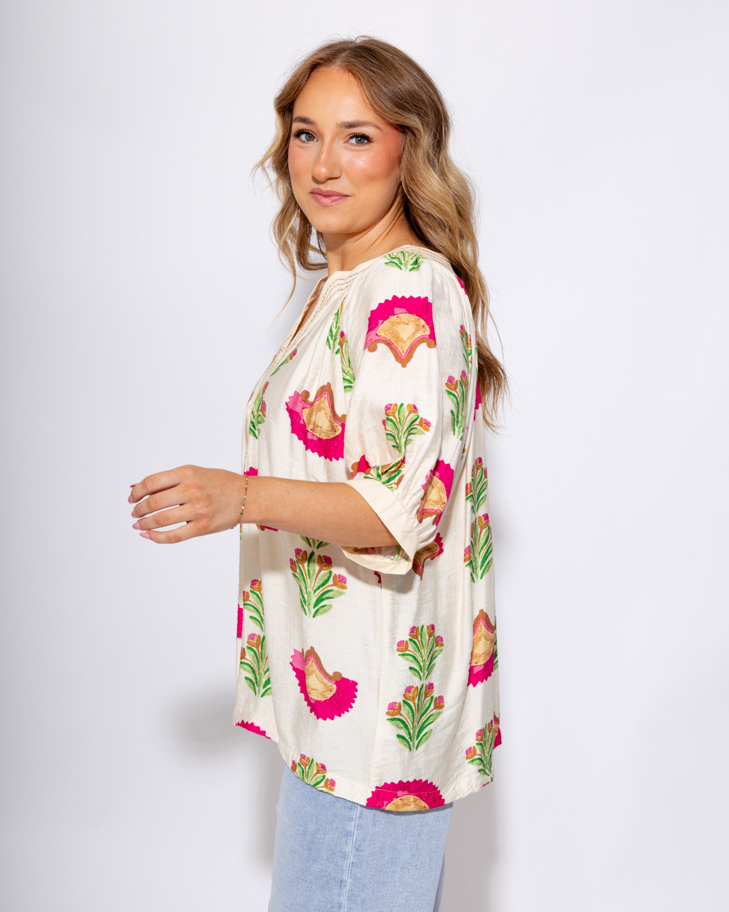 Pink Floral V-Neck Short Sleeve Top - Umgee - Gaudie & Co. Texas Boutique