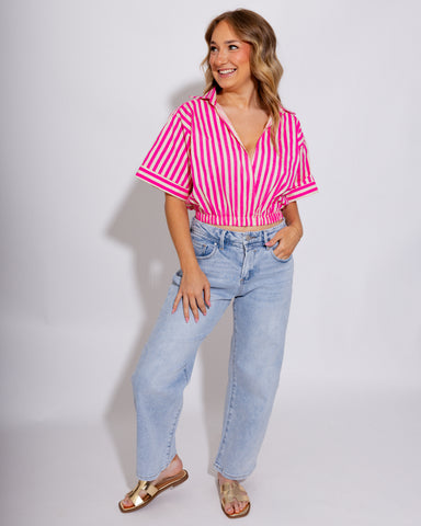 Hot Pink White Stripe Crop Top - Glam - Gaudie & Co. Southeast Texas Boutique