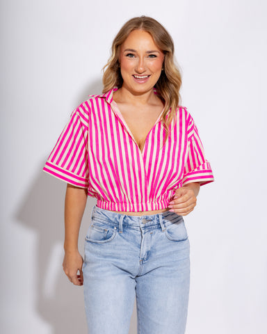 Hot Pink White Stripe Crop Top - Glam - Gaudie & Co. Southeast Texas Boutique