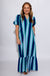 Light blue navy and green stripe ruffle neck midi dress with cuffed sleeves, women's boutique summer dress at Gaudie & Co