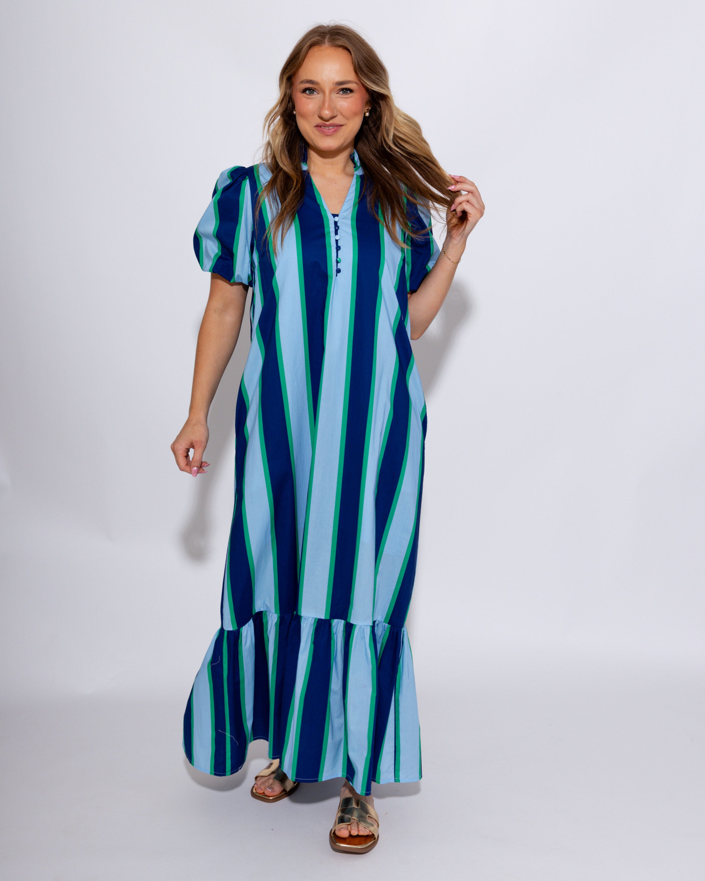 Stripe Ruffle Neck Midi Dress