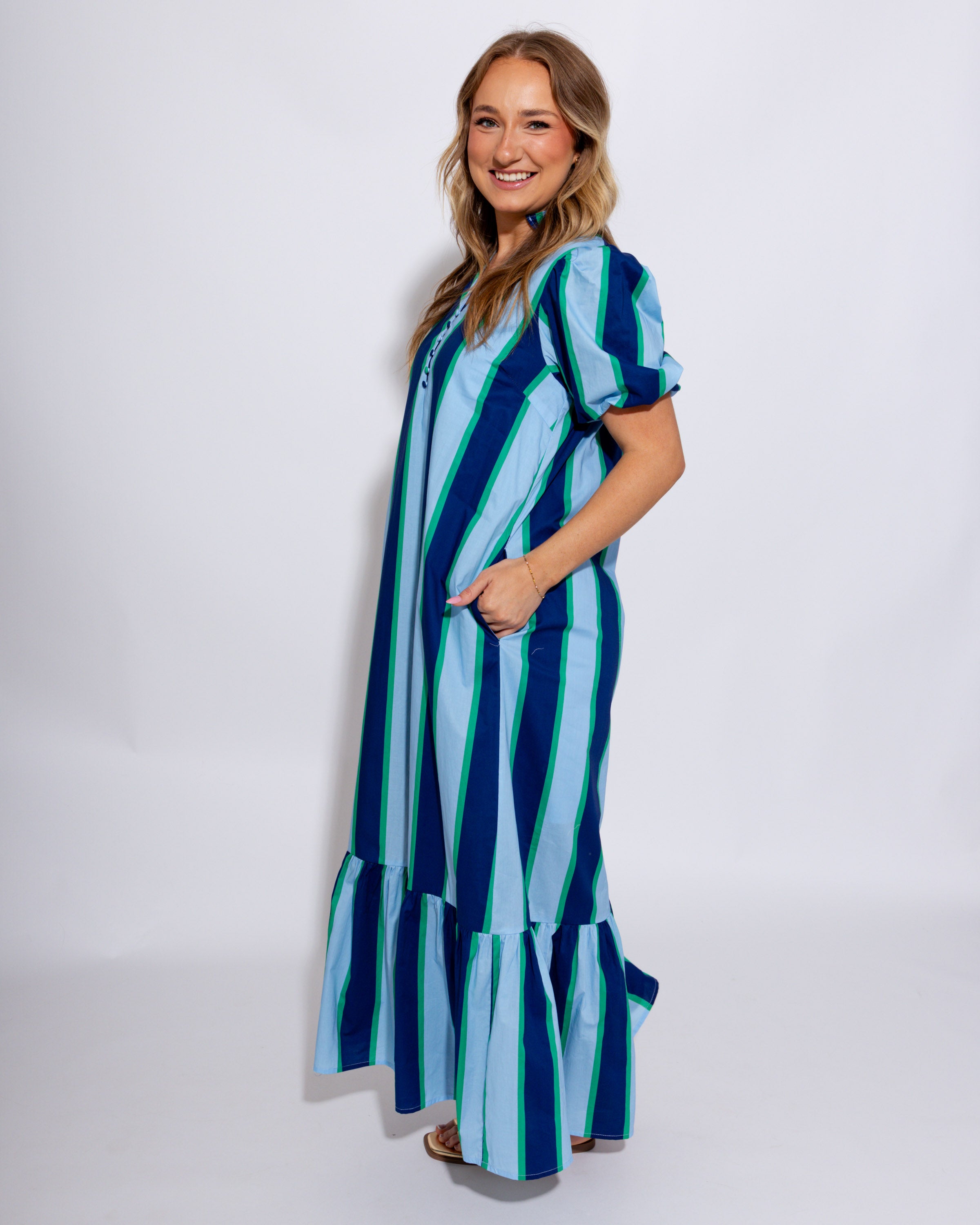 Stripe Ruffle Neck Midi Dress