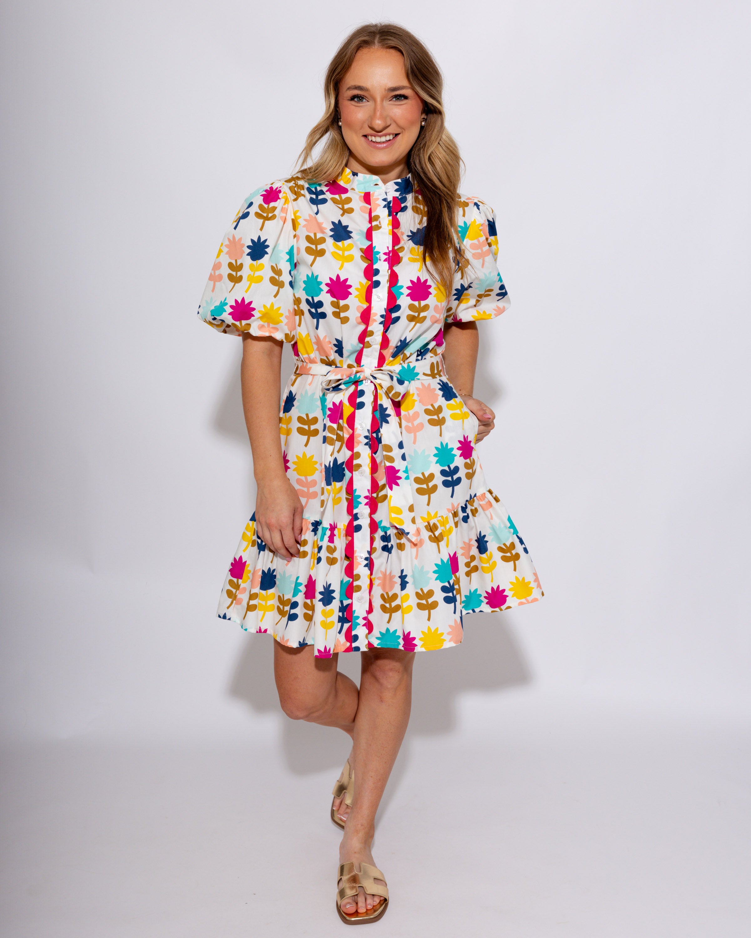Ivy Jane Tulips in a Row floral dress, luxury women's boutique midi dress at Gaudie & Co