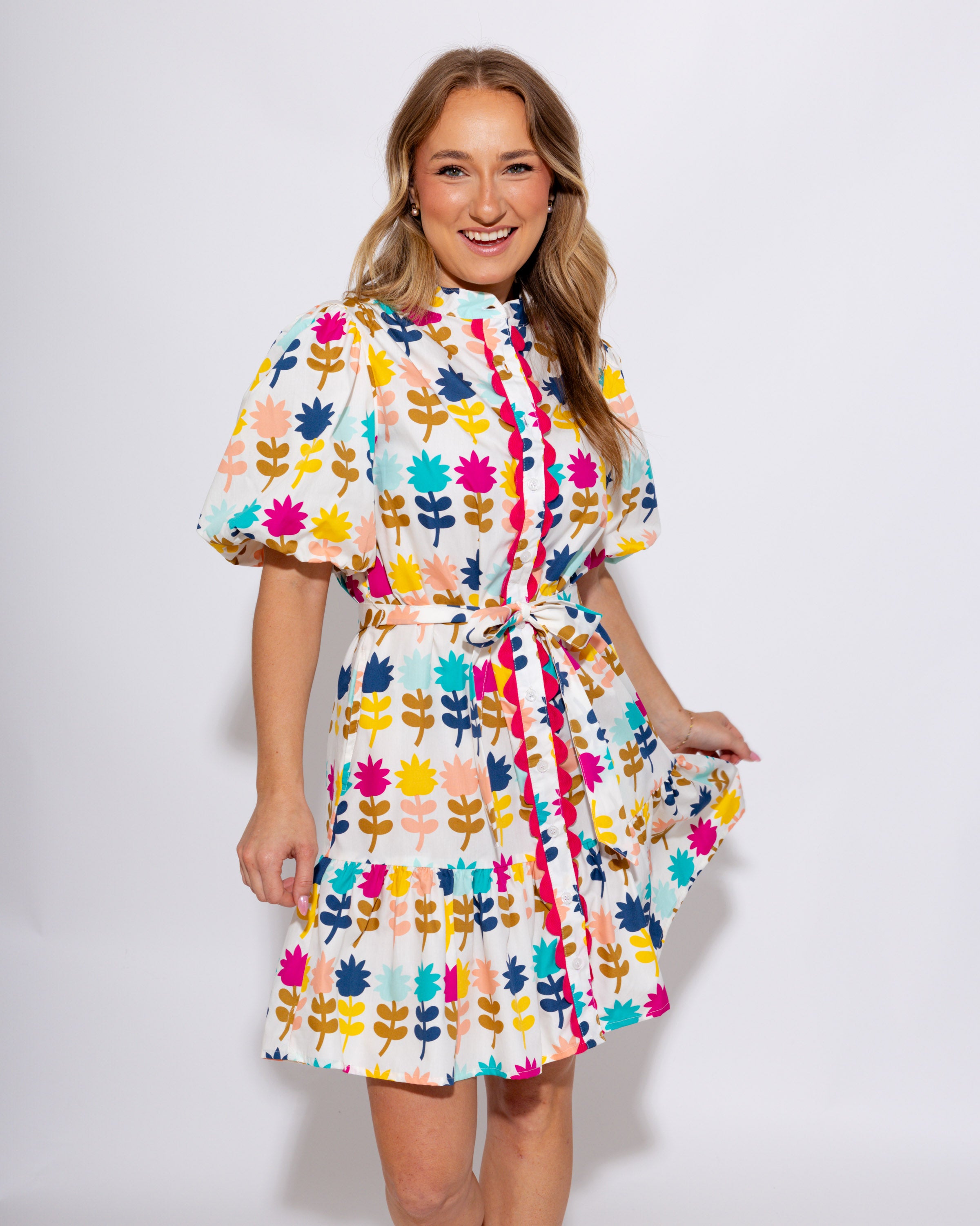 Ivy Jane Tulips in a Row floral dress, luxury women's boutique midi dress at Gaudie & Co