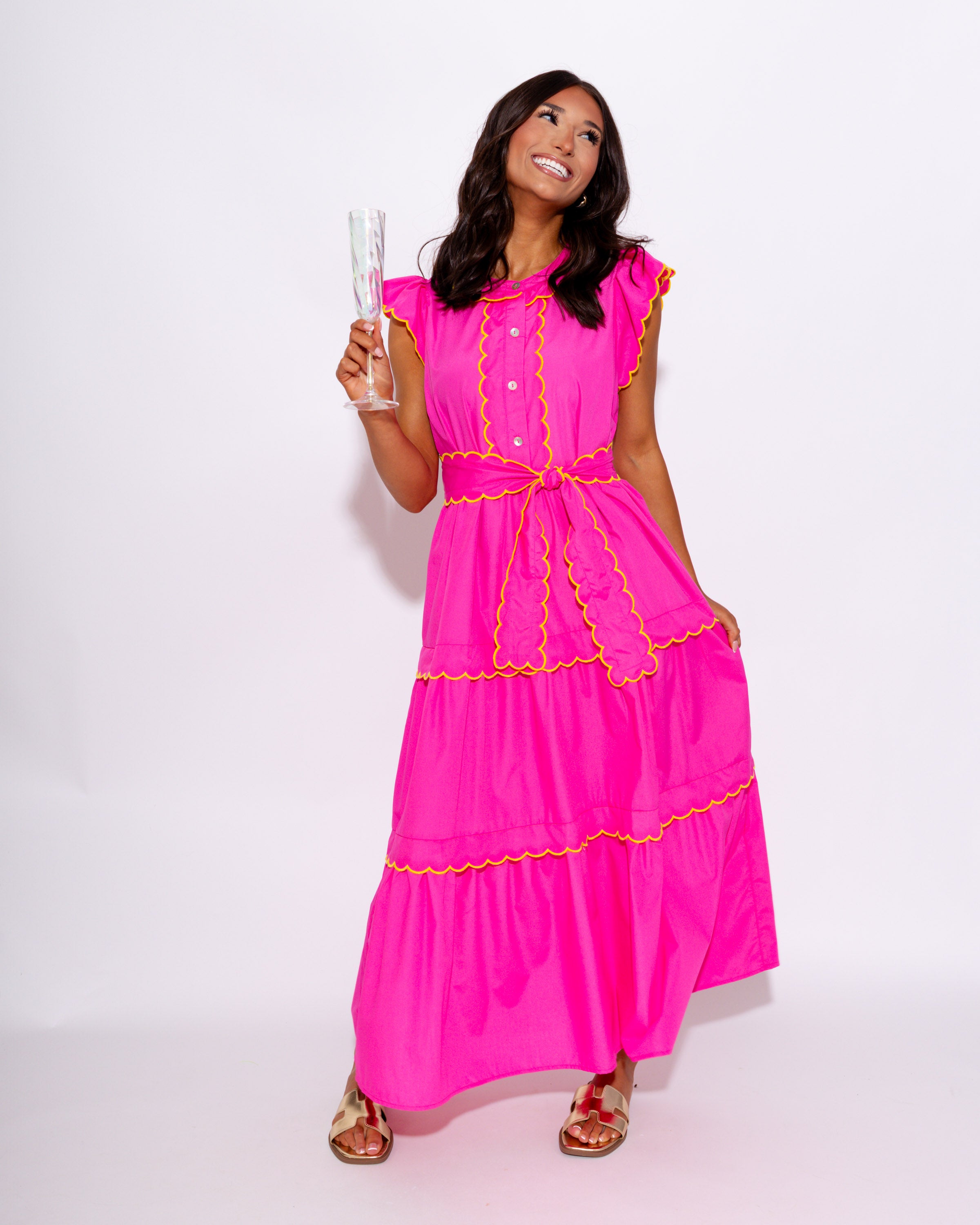Scallop Trim Tiered Midi Dress