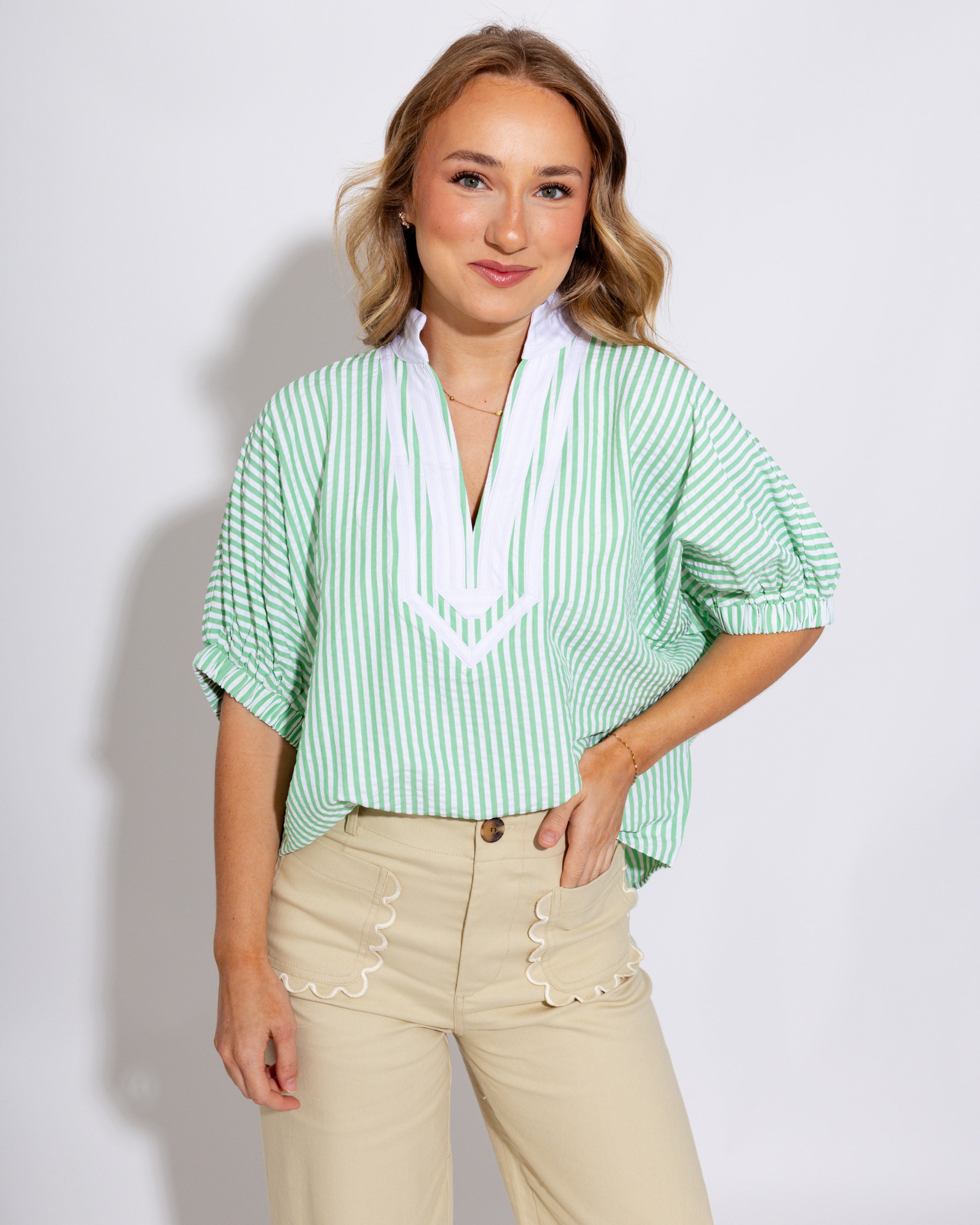 The Easy Contrast Stripe Top in Green