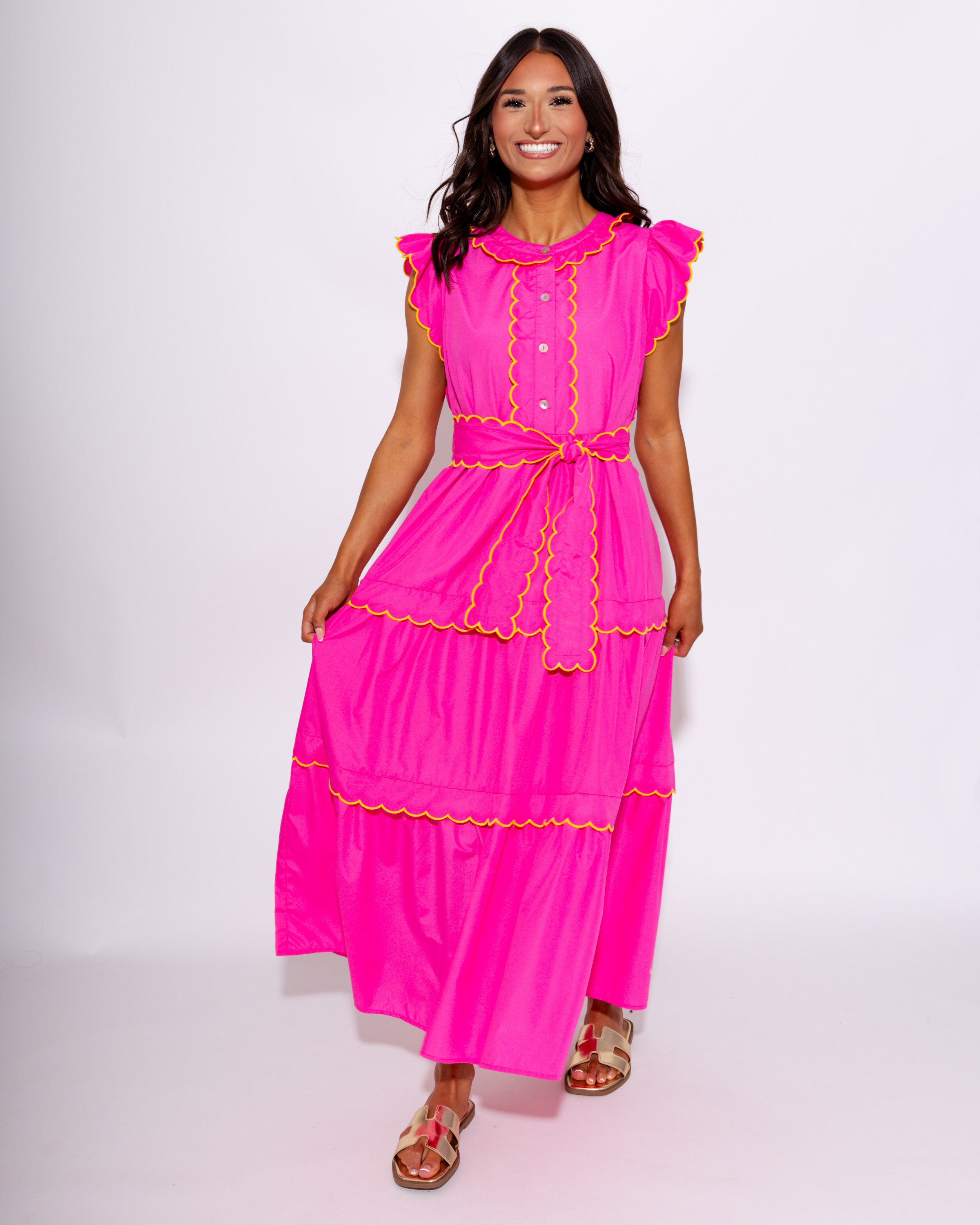 Scallop Trim Tiered Midi Dress