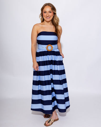 Navy stripe strapless midi dress with buckle contrast waistband and smocked back, 100% cotton summer dress at Gaudie & Co