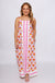 Pink and yellow floral sleeveless midi dress with scalloped detail and contrast border panel, 100% cotton with pockets at Gaudie & Co