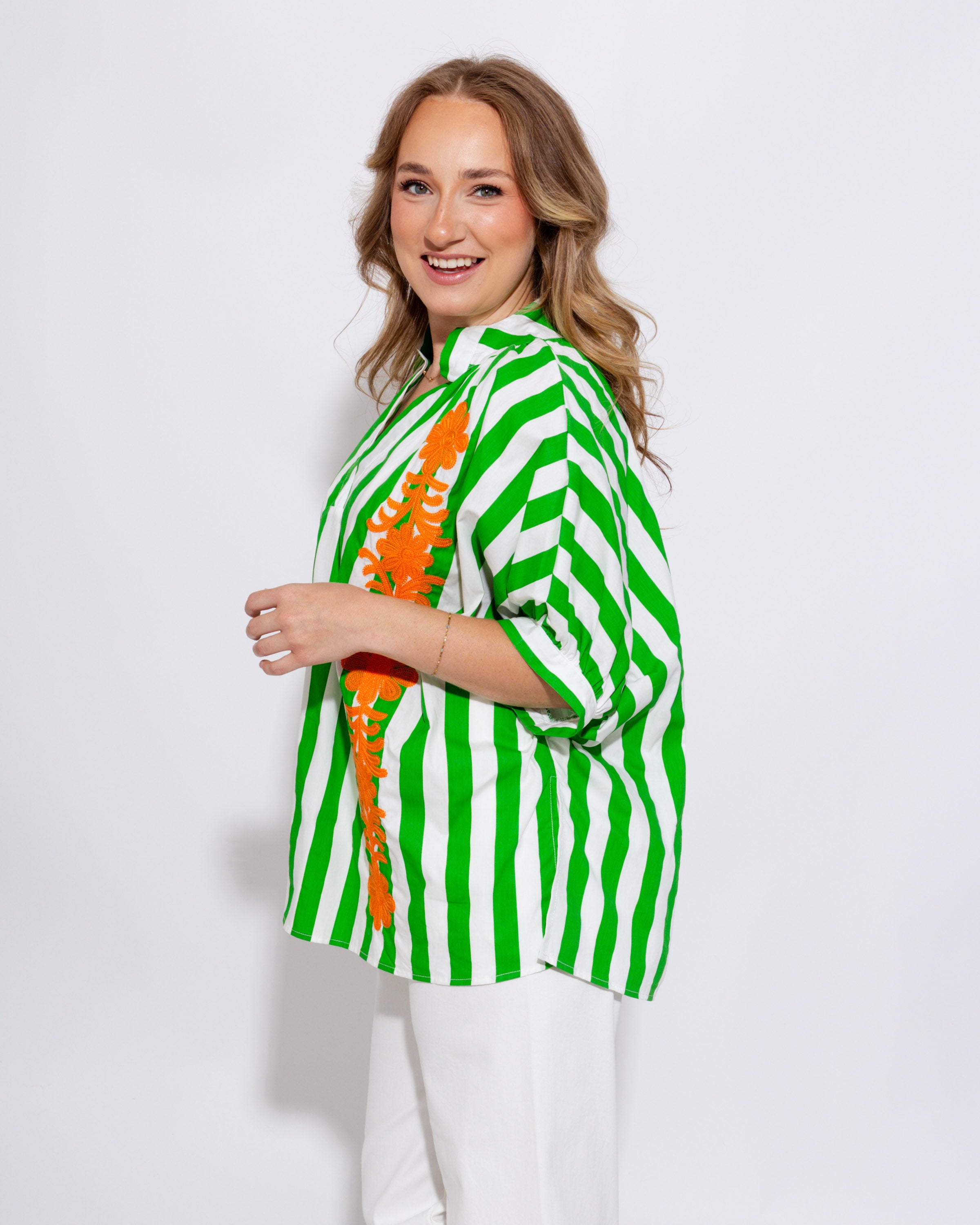 Floral Embroidered Stripe Top in Green