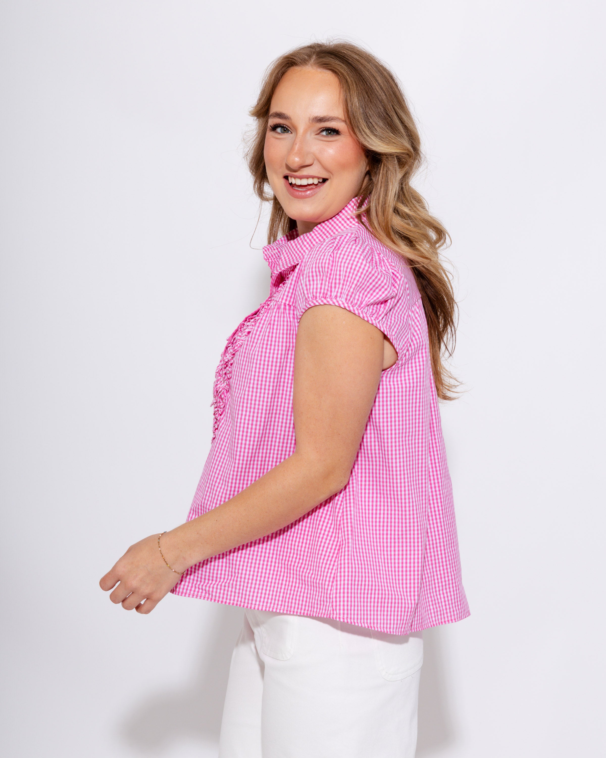 Pink Gingham Ruffle Puff Sleeve Top