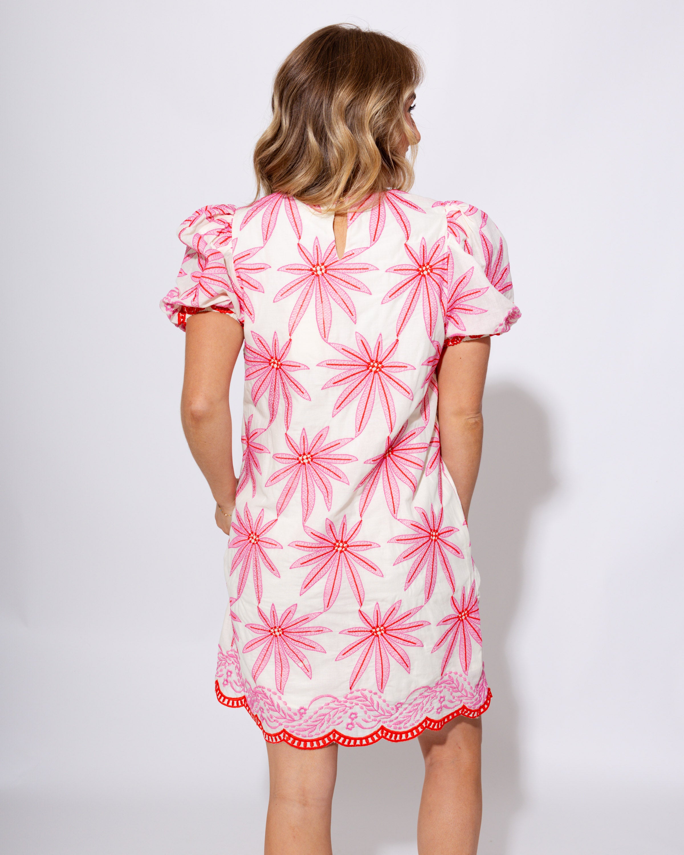 White Pink Embroidered Floral Mini Dress - Entro - Gaudie & Co. Nederland TX Boutique