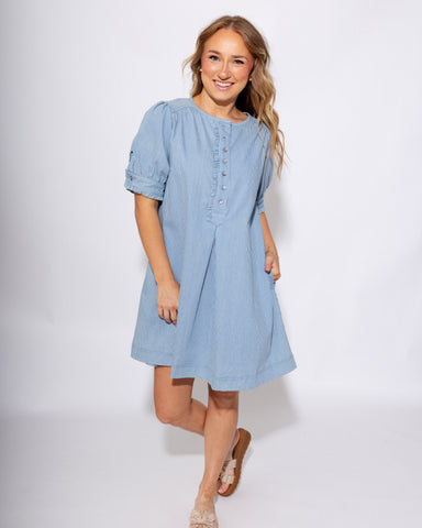 Denim Pinstripe Puff Sleeve Mini Dress - Umgee - Gaudie & Co. Nederland TX Boutique