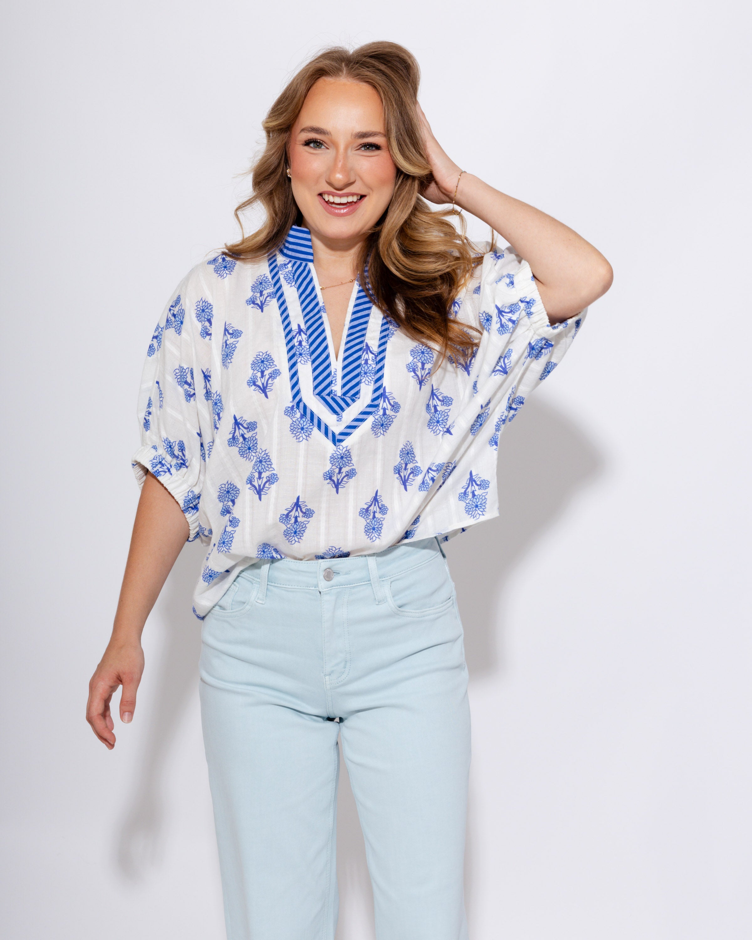 Breezy Botanical Dolman Top in Blue