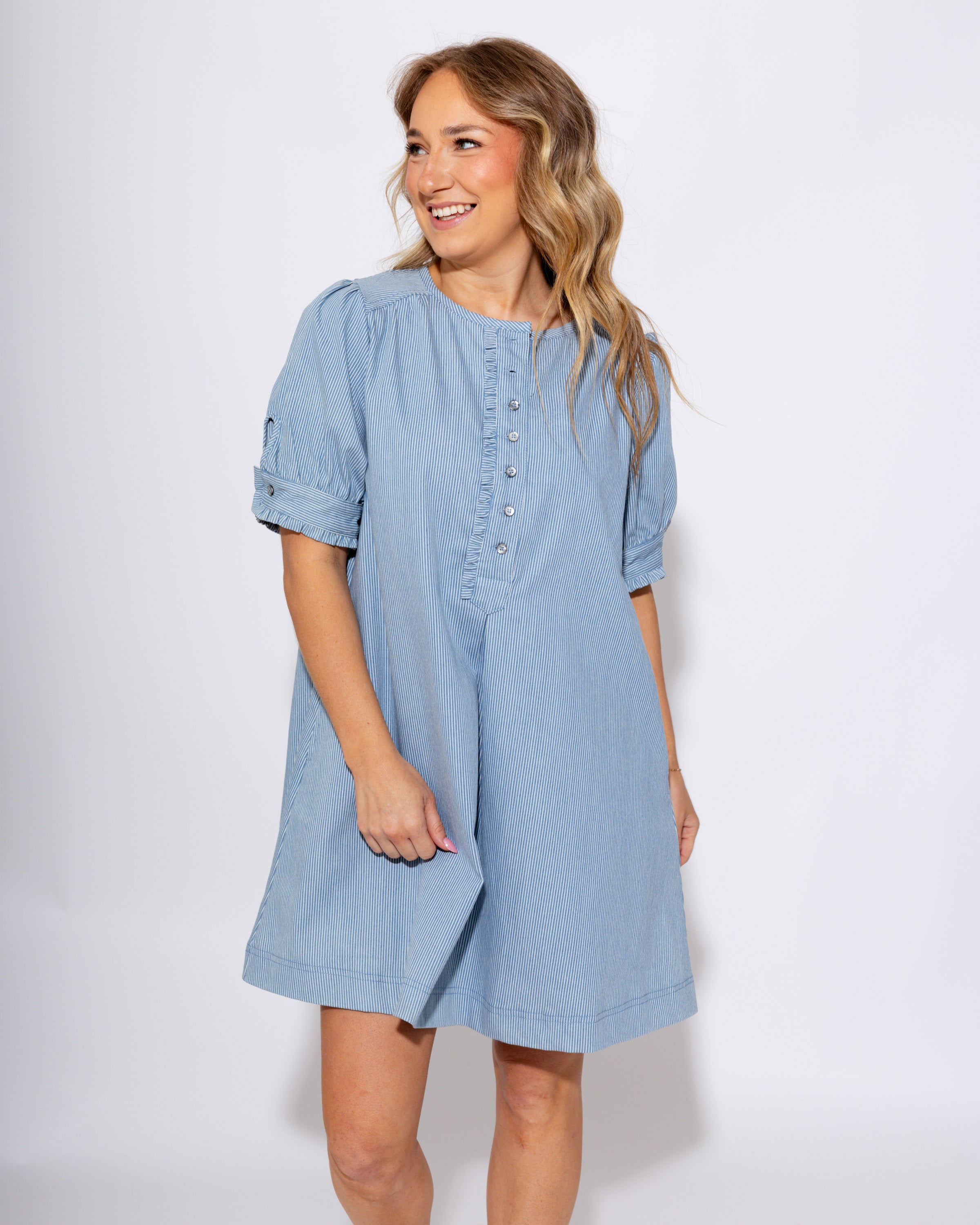 Denim Pinstripe Button Down Dress M