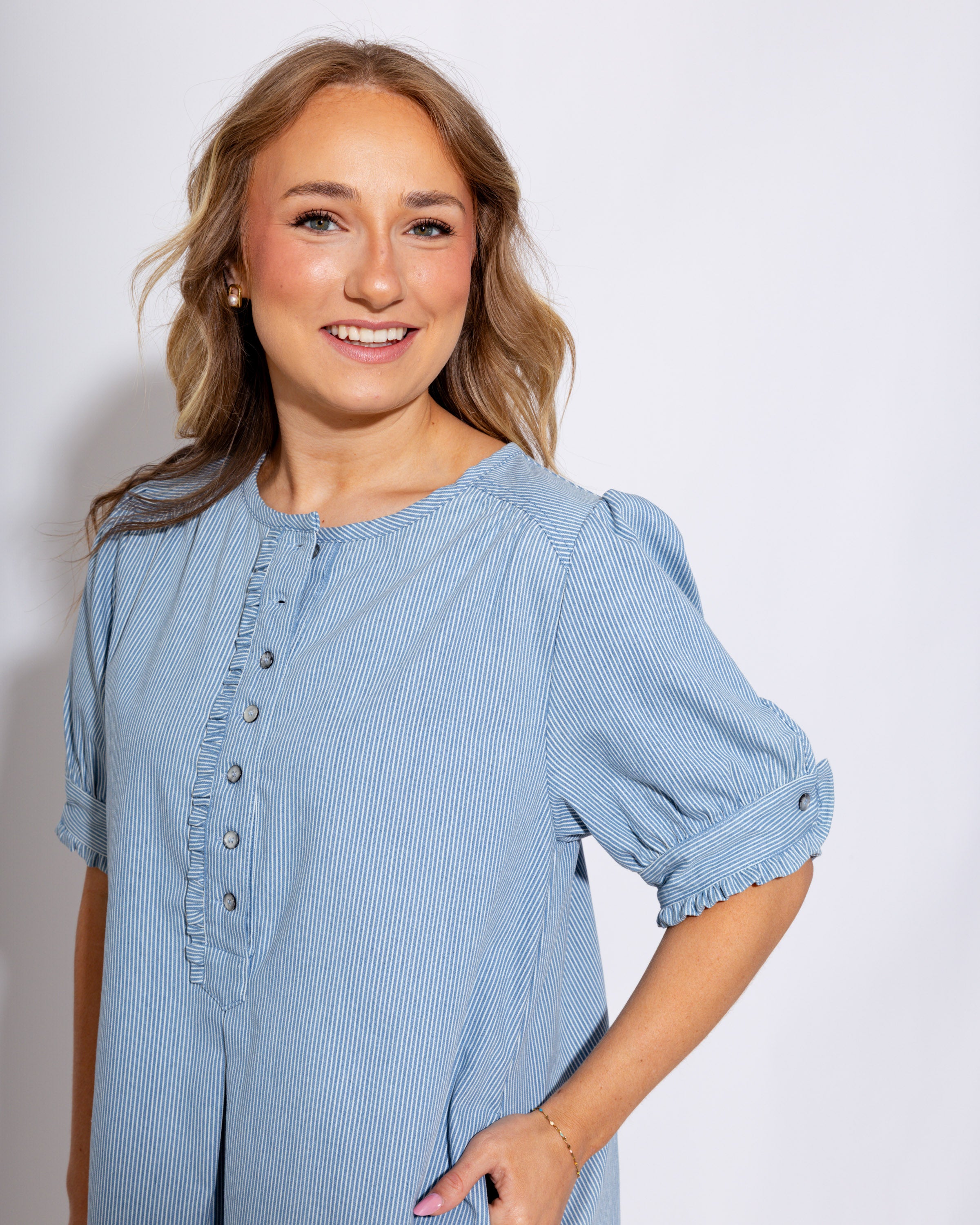 Denim Pinstripe Button Down Dress M