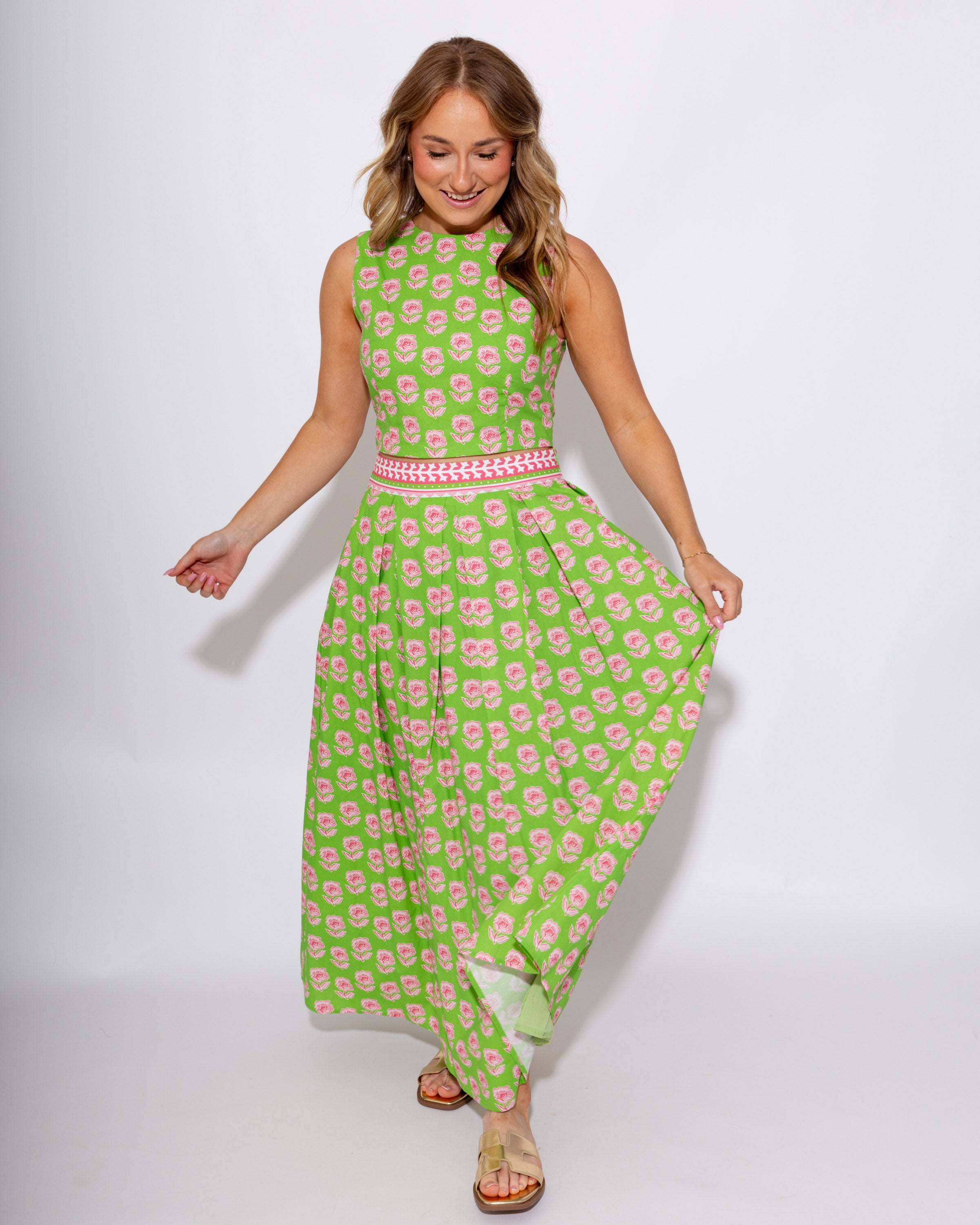 Green Floral Crop Top Midi Skirt Set - Pretty Follies - Gaudie & Co. Texas Boutique