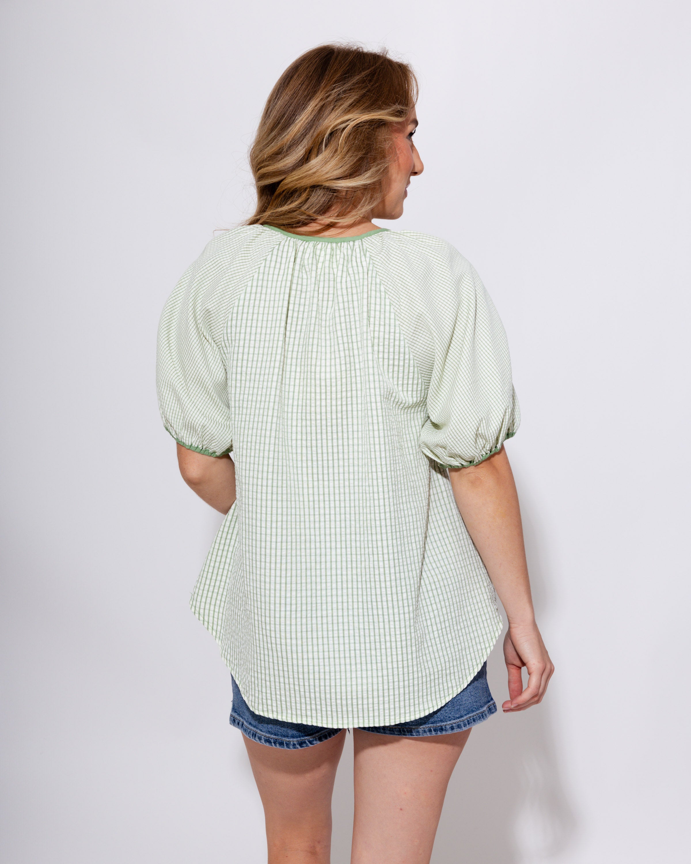 Checker Puff Sleeve Top in Sage