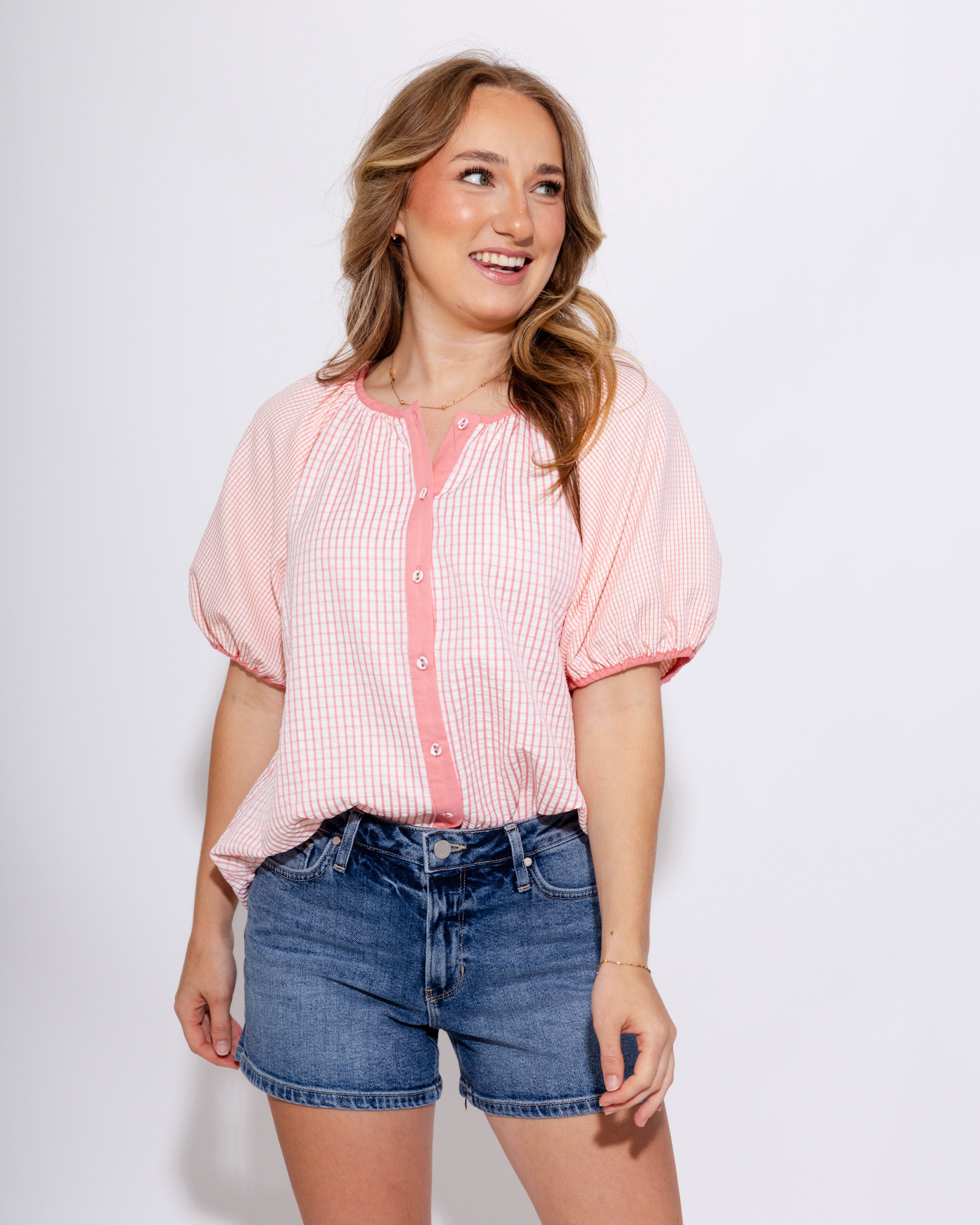 Checker Puff Sleeve Top in Pink