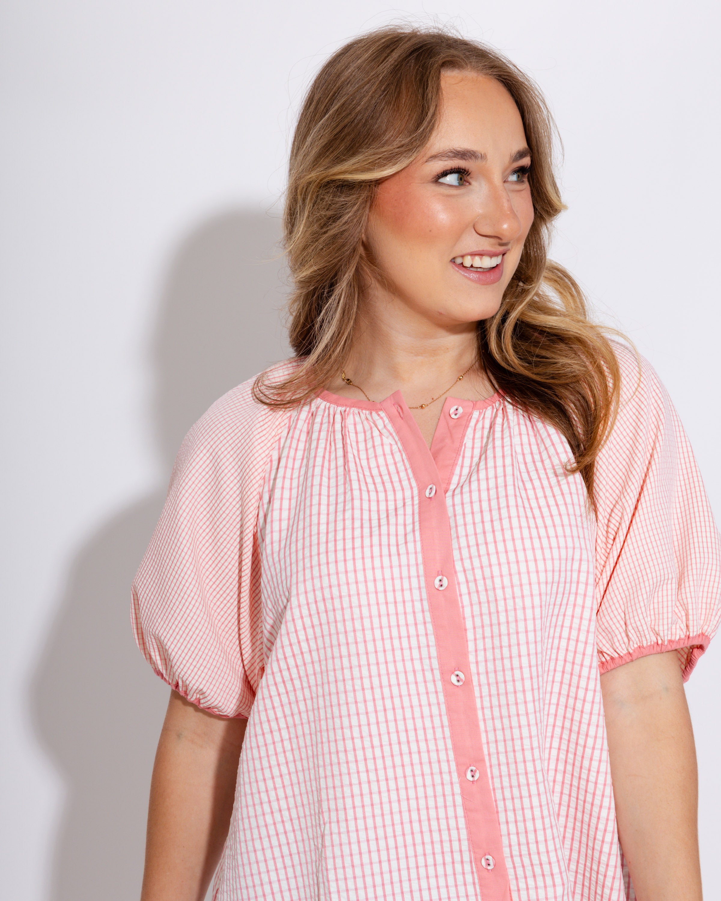 Checker Puff Sleeve Top in Pink