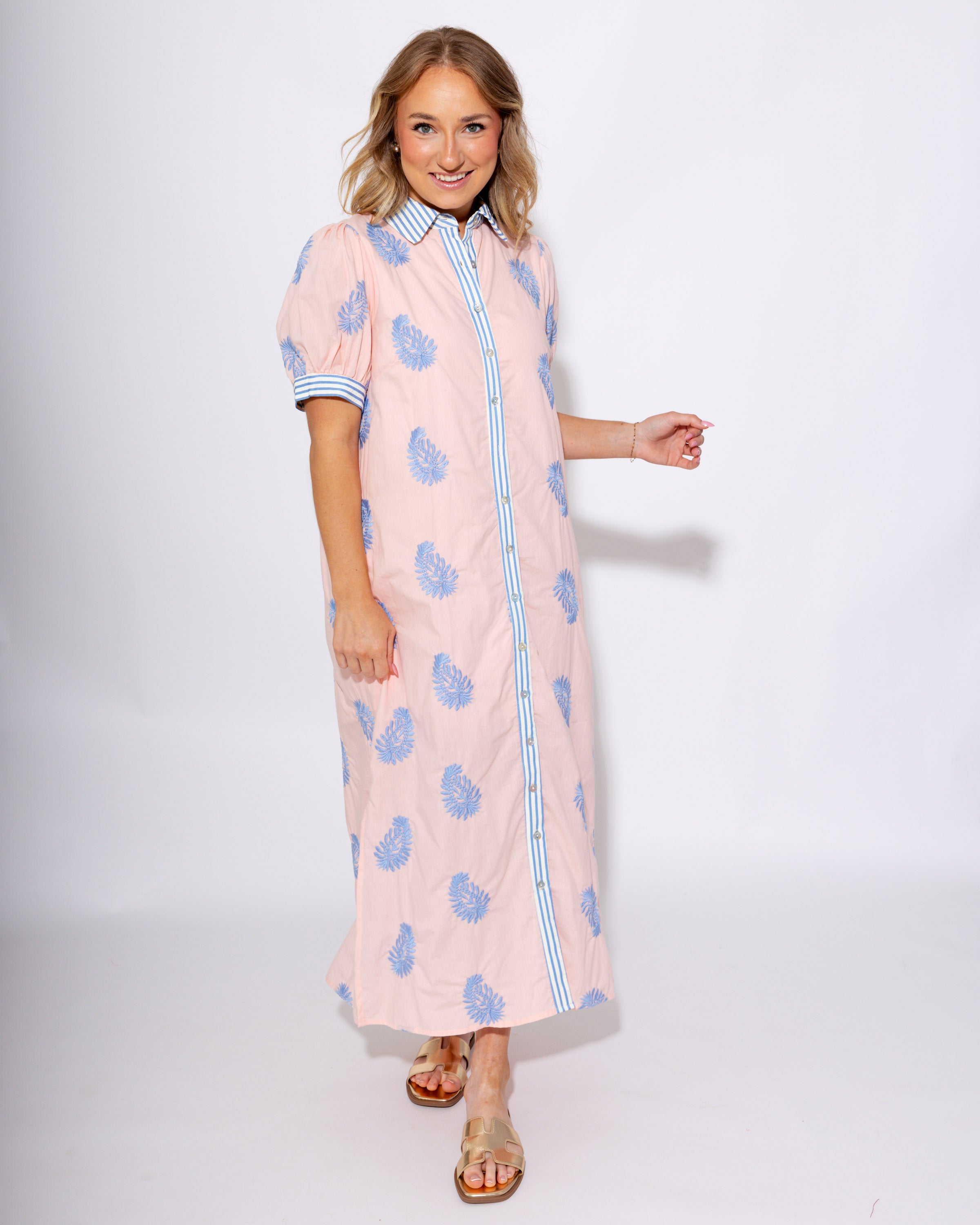 Blush Embroidered Puff Sleeve Midi Dress - Entro - Gaudie & Co. Texas Boutique