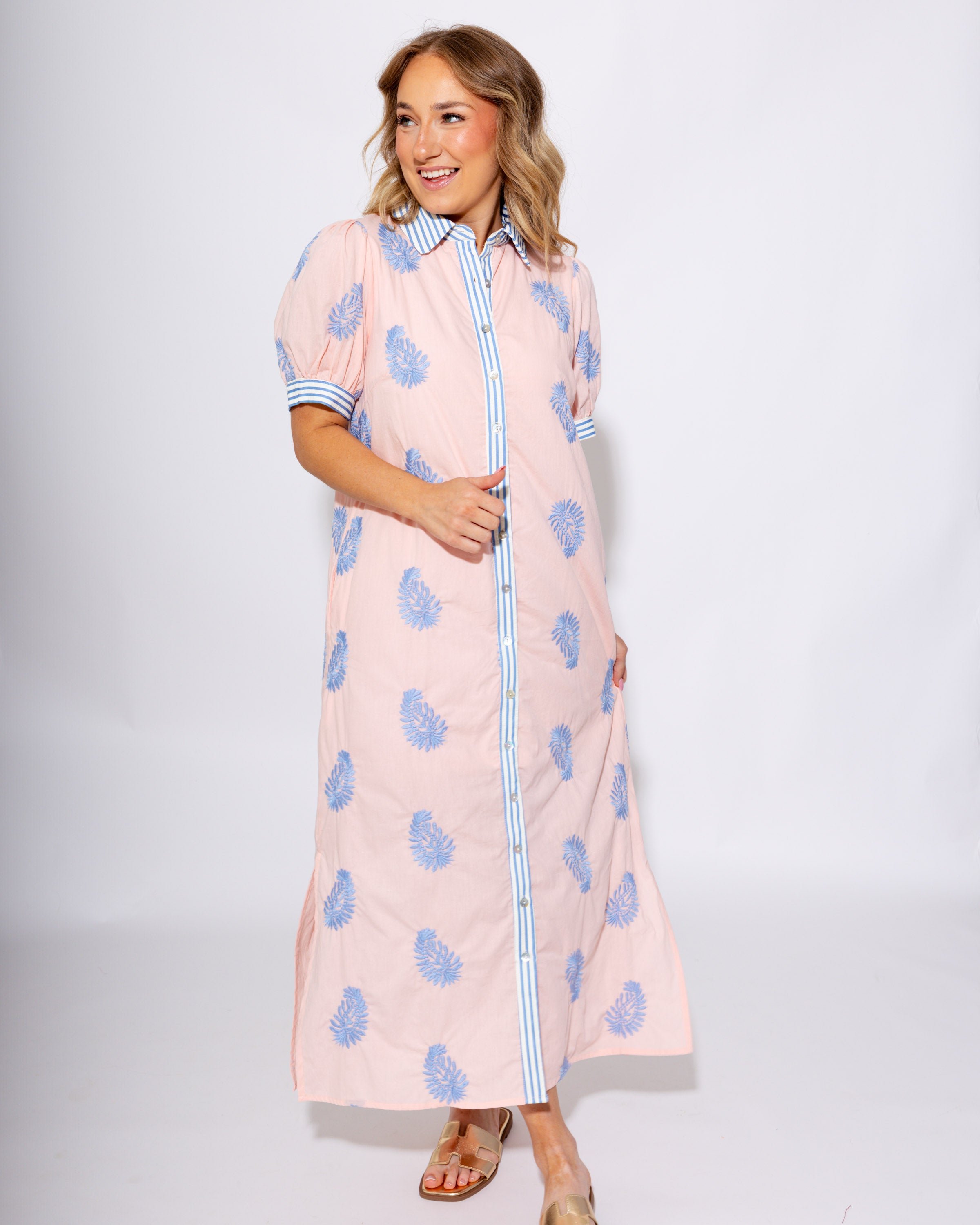 Blush Embroidered Puff Sleeve Midi Dress - Entro - Gaudie & Co. Texas Boutique