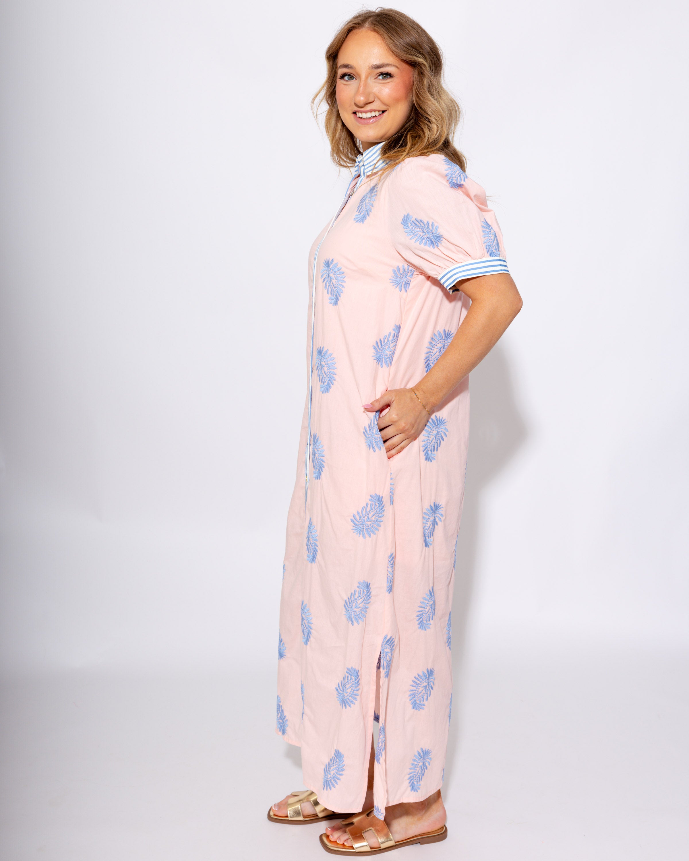 Blush Embroidered Puff Sleeve Midi Dress - Entro - Gaudie & Co. Texas Boutique