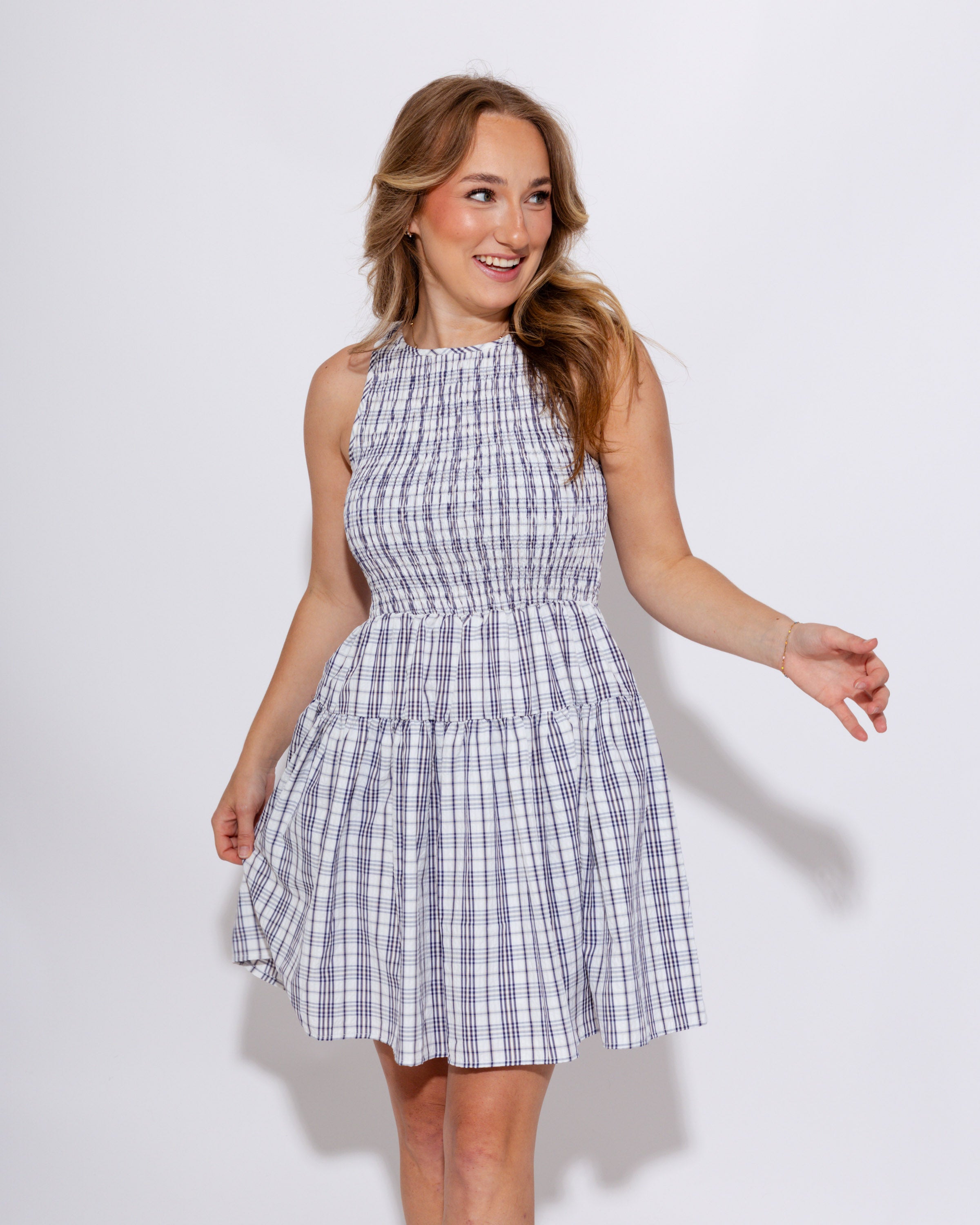 Smocked Plaid Mini Dress