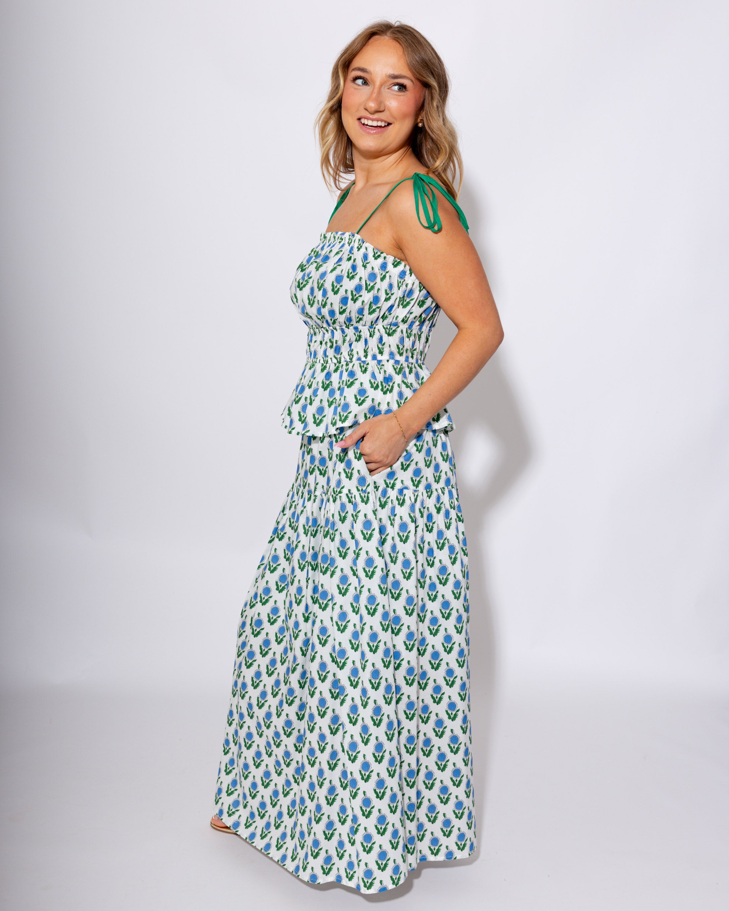 Blue Floral Peplum Top Maxi Skirt Set - JODIFL - Gaudie & Co. Southeast Texas Boutique