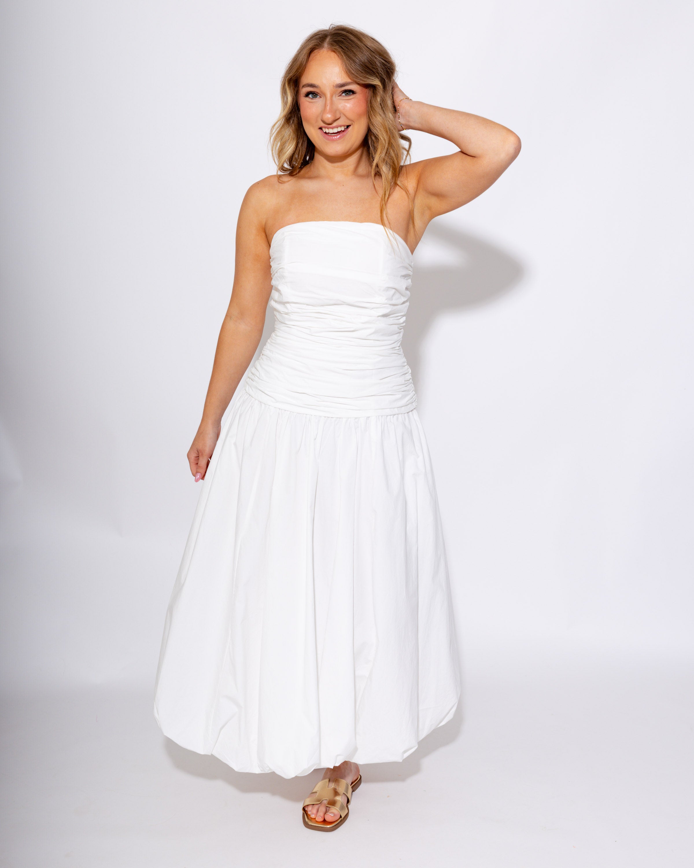 White Strapless Bubble Hem Drop Waist Midi Dress - Mable - Gaudie & Co. TX Boutique