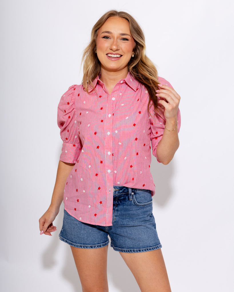 Star Embroidered Puff Sleeve Stripe Top in Red — Gaudie and Company