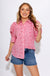 Red striped puff sleeve button-up blouse with star embroidery and ruffle cuffs, women's boutique top at Gaudie & Co