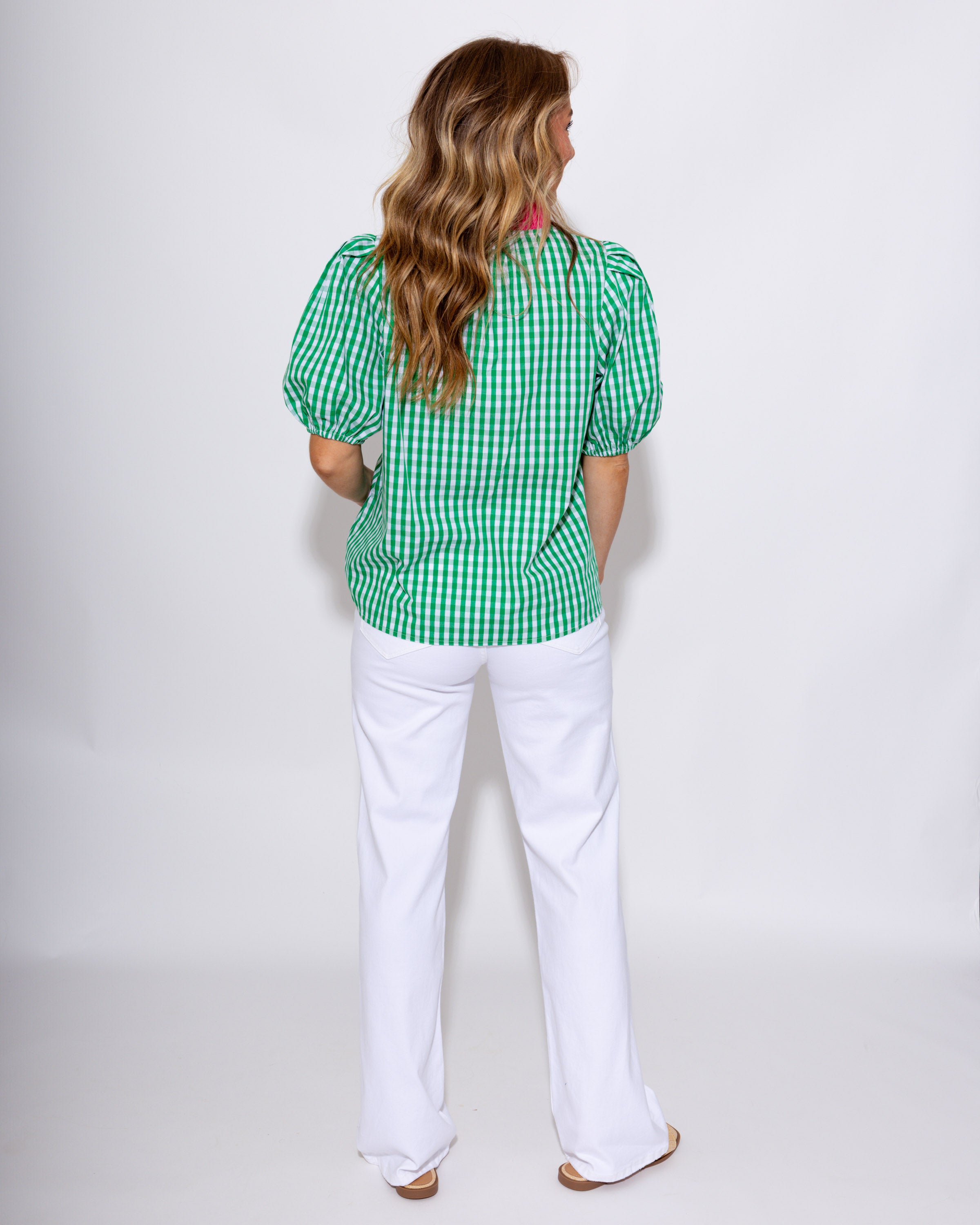Contrast Scallop Gingham Top in Green