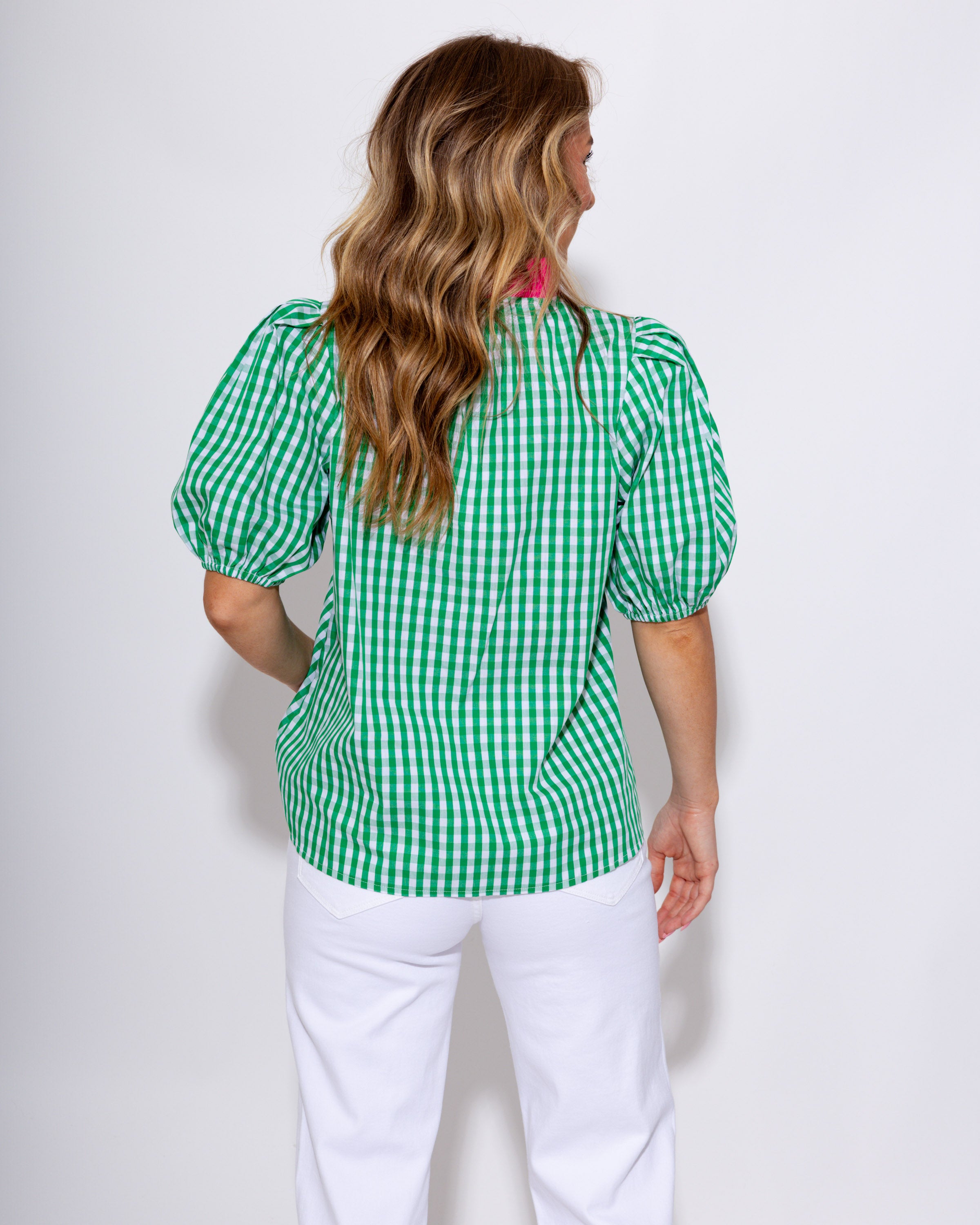 Gingham Puff Sleeve Contrast Top in Green