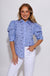 Blue striped puff sleeve button-up blouse with star embroidery and ruffle cuffs, women's boutique top at Gaudie & Co