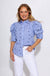 Blue striped puff sleeve button-up blouse with star embroidery and ruffle cuffs, women's boutique top at Gaudie & Co