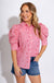 Red striped puff sleeve button-up blouse with star embroidery and ruffle cuffs, women's boutique top at Gaudie & Co