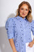Blue striped puff sleeve button-up blouse with star embroidery and ruffle cuffs, women's boutique top at Gaudie & Co