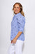 Blue striped puff sleeve button-up blouse with star embroidery and ruffle cuffs, women's boutique top at Gaudie & Co