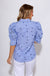 Blue striped puff sleeve button-up blouse with star embroidery and ruffle cuffs, women's boutique top at Gaudie & Co